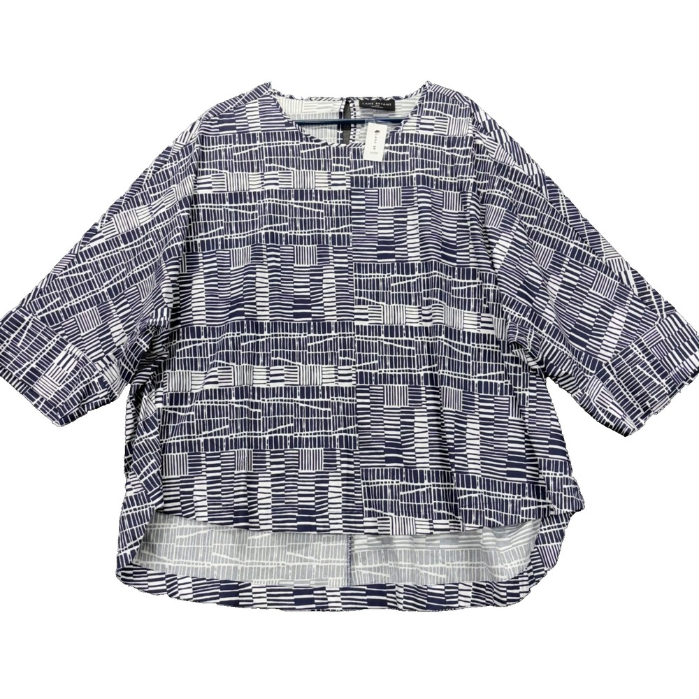 Lane Bryant Top Womens 18/20 Navy White Geometric 3/4 Sleeve High Low Hem NEW